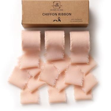 Imagem de DORIS HOME Fita de chiffon rosa nude para buquê de flores, fita de tecido de 3,8 cm x 21 m para embrulho de presente, fita desgastada feita à mão para decorações de casamento e Natal