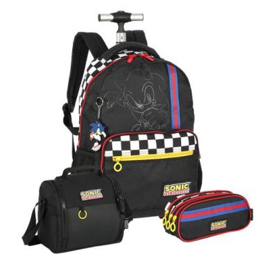Imagem de Kit Mochila Sonic Rodas Lancheira E Estojo Triplo Escolar, Preto