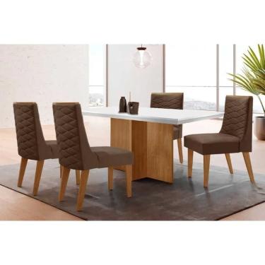 Imagem de Conjunto Sala de Jantar Berlim c/ Tampo Madeirado c/ Vidro Canto Curvo 90x90cm e 4 Cadeiras Dafne Madeira Maciça Naturale/Off White - Capuccino/Suede 