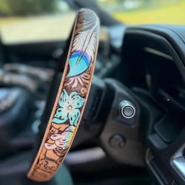 Imagem de Capa de volante universal para carro cowboy ocidental retrô ocidental, couro pintado à mão, acessórios de carro ocidental, design antiderrapante fácil de instalar. (#D)