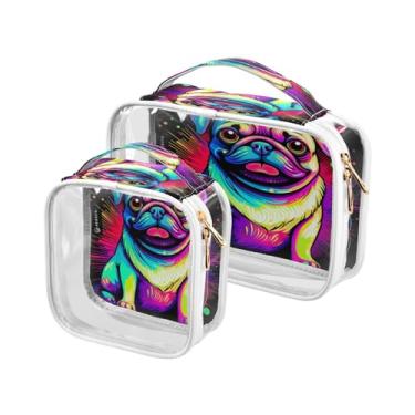 Imagem de GAIGEO Conjunto de bolsas de maquiagem transparentes para cães pug em cores arco-íris, bolsa de higiene pessoal de viagem, acessórios de viagem cosméticos, pacote com 2, Cachorro Pug em cores