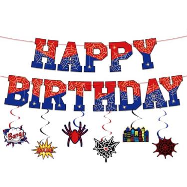Imagem de Kit de Decoração Aniversário com Tema Aranha, Inclui Teia de Aranha Pré-Montada Faixa Feliz Aniversário Etiquetas em Espiral e Cordões Ideal para Chá Bebê e Festas Infantis