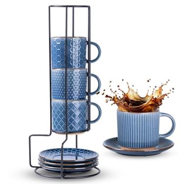 Imagem de GBhome Canecas de café empilháveis de 170 g com suporte e pires, conjunto de 4 canecas de café de cerâmica com padrões de textura para homem, mulher, pai, mãe, xícaras de café modernas para latte