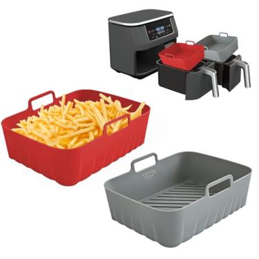 Imagem de Golden Associate Forro de silicone retangular, 2 peças para fritadeira a ar, cesta dupla, 8 a 10 Qt, bandeja de cozimento reutilizável de grau alimentício compatível com Ninja DZ201 DZ401 DZ550, 4 a 5
