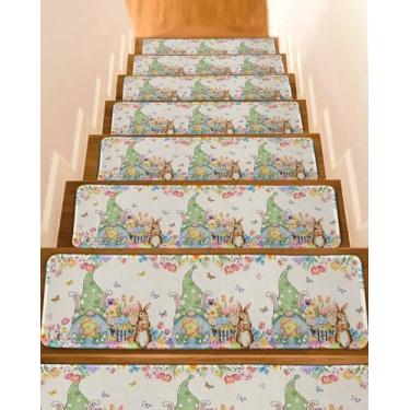 Imagem de Passos de escada 20,3 x 76,2 cm (15 peças), tapete de escada de linho retrô de linho, tapete de escada, ovo de Páscoa, borboleta, antiderrapante, escada, para crianças, idosos, animais de estimação