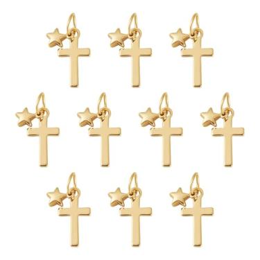Imagem de Cheriswelry Pingentes de cruz de latão banhados a ouro 18 K com crucifixo religioso de estrela 25 mm para colar faça você mesmo, brincos, pulseira, chaveiro, fabricação de joias