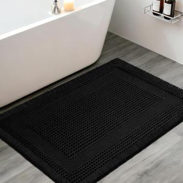 Imagem de Tapete de banheiro de waffle atualizado, 91 cm x 61 cm com laço preto, super absorvente, antiderrapante, secagem rápida, tapetes de banheiro com borlas, laváveis na máquina, tapetes de banheiro ultra