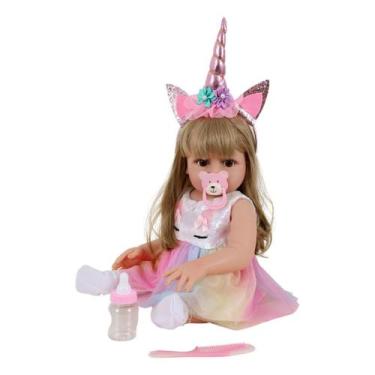 Imagem de Bebê Sweetie Reborn Loira Vestido Furta-cor Tiara Unicórnio - Sweetie 