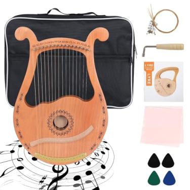 Imagem de Harpa de lira de 16 cordas de madeira de mogno harpa com chave de afinação, palheta, conjunto de 16 cordas sobressalentes, bolsa preta e manual de instruções para amantes de instrumentos iniciantes