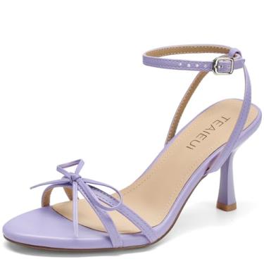 Imagem de TEAIEUI Sandálias femininas com laço de salto gatinho com tiras no tornozelo, sandálias femininas com bico aberto redondo, confortável, sapatos de festa, Roxa, 39