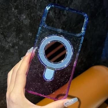 Imagem de SFDSUH Capa com suporte magnético espelhado e glitter degradê para iPhone 16 Pro (para iPhone 16 Pro/Azul Escuro e Roxo)