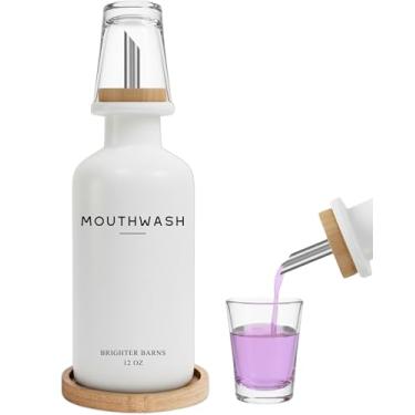 Imagem de Dispensador de enxaguante bucal de vidro branco para banheiro da Brighter Barns - Dispensadores de lavagem bucal com bico de aço inoxidável, copo de enxaguante bucal, bandeja - decoração minimalista
