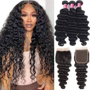 Imagem de Aelinsi Pacotes De Cabelo Humano Solto, Ondulado Profundo, Com Fecho (24, 26, 28+22 Polegadas) 12A, 100% Cabelo Humano Virgem Brasileiro Não Processado, Com Fecho 4×4 Para Mulheres