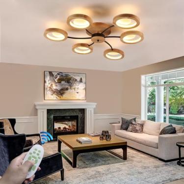 Imagem de Luminária de teto LED retrô com anel de madeira e metal, estilo meados do século, grande, dimerizável, com controle remoto, adequada para quarto, escritório, cozinha, quarto infantil, corred