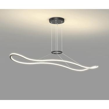 Imagem de Luminária pendente LED moderna com design ondulado para mesa de jantar, com controle remoto e altura ajustável, ideal para sala de jantar e escritório (preta, 120 cm de comprimento).