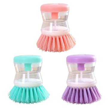 Imagem de 3 peças de escova de lavar panela de cozinha doméstica, adição automática de líquidos, remoção de manchas e escova de limpeza, escova de agente de limpeza