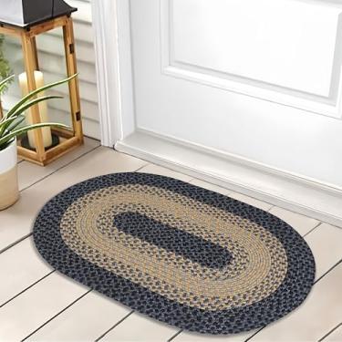 Imagem de RCTJHOME Tapete trançado oval de 6 cm x 7 cm com fitas antiderrapantes, tapete de entrada impermeável de polipropileno, tapetes internos/externos para porta da frente/traseira, tapetes laváveis para