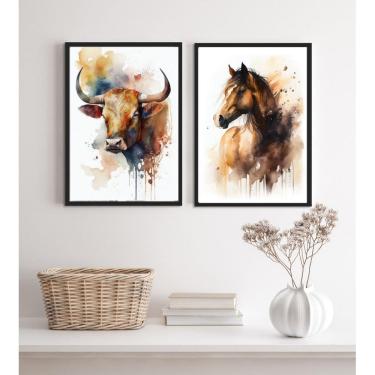 Imagem de Kit 2 Quadros Para Fazenda Boi E Cavalo Aquarela 33X24Cm