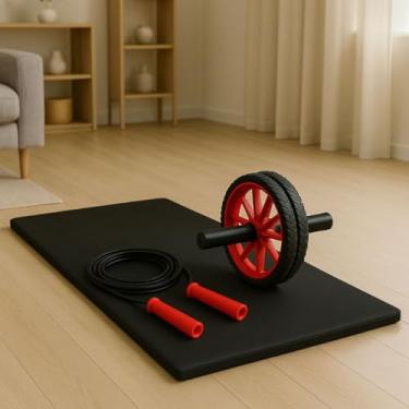 Imagem de Kit Treino Completo em Casa Colchonete Corda de Pular e Roda Abdominal Fitness(Vermelho)