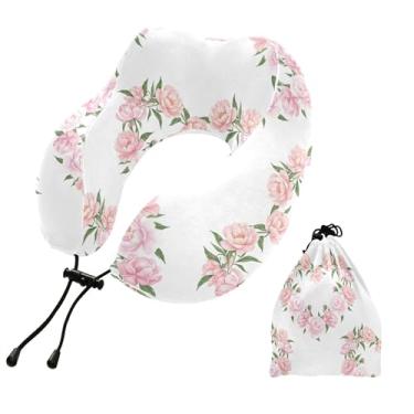 Imagem de Burbuja Almofada de pescoço com coração de rosas para viagens, almofada de viagem de espuma viscoelástica para dormir, suporte de cabeça de avião e carro, lavável na máquina e portátil