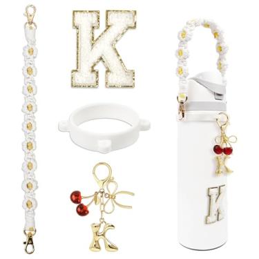 Imagem de BydGxy Pingente de laço de fita de cereja para Owala FreeSip & Tumbler, acessórios de alça de garrafa de água iniciais personalizados, presente estilo preppy (branco) - K