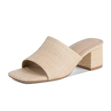 Imagem de MeiLuSi Sandálias femininas de salto ráfia com salto grosso, bico aberto, bico aberto, sapatos elegantes para férias de verão, sapatos elegantes de praia, sem cadarço, Raffia, 36