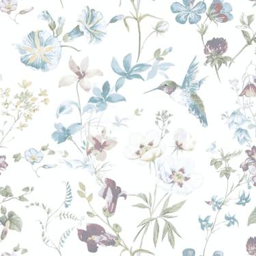 Imagem de Ismoon Papel de parede floral descascar e colar papel de contato azul e branco flor beija-flor pássaro papel de parede removível autoadesivo vinil papel de parede para armário de quarto Decro 44 x 985