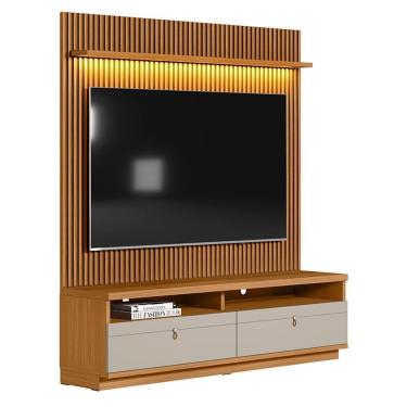 Imagem de Painel Para Tv Até 75 Polegadas Ripado Betina Com Rack Nature E Off White 180x198 Cm L04 - D'rossi