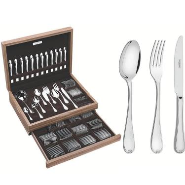 Imagem de Faqueiro Tramontina Vicenza Em Aço Inox Com Facas De Mesa Forjadas Com Estojo De Madeira 130 Pç