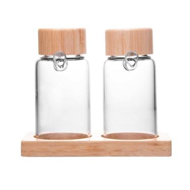 Imagem de Jg 2 Galheteiros com Tampa e Suporte de Bambu 170ml