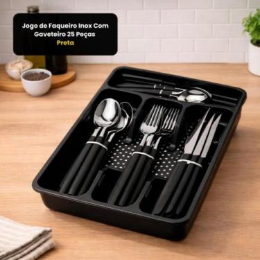 Imagem de Jogo de Faqueiro Inox Com Gaveteiro 25 Peças Talher Talheres Servir Re