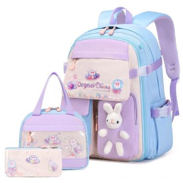 Imagem de Mochila escolar infantil FIXITOK coelho kawaii 3 peças, com lancheira térmica e estojo, nylon impermeável, azul e roxa