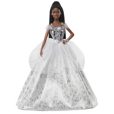Imagem de Barbie Signature 2021 Holiday boneca colecionável Mattel morena vestido longo prateado cabelo trançado GXL22 2021