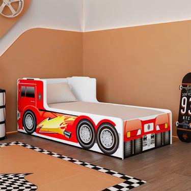 Imagem de Cama Caminhão Solteiro Infantil Juvenil Com Cabeceira Peseira Estampadas Para Quarto - Vermelho