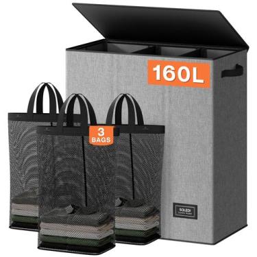 Imagem de Cesto de roupa suja SOLEDI 160L com tampa e 3 seções de linho de imita