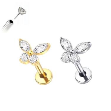 Imagem de Piercing Borboleta Zircônias Push Pin Aço Cirúrgico Ouro PVD Cor:Doura