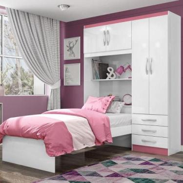 Imagem de Roupeiro Com Cama Lisboa 4 Portas Branco-pink - MX MÓVEIS