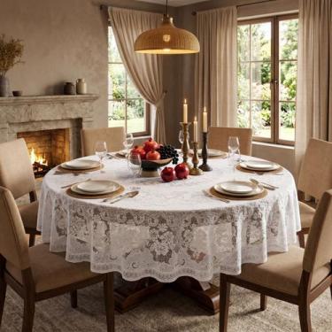 Imagem de Toalha de Mesa Redonda Renda Floral Jacquard 1,8m 6 lugares Beija Flor