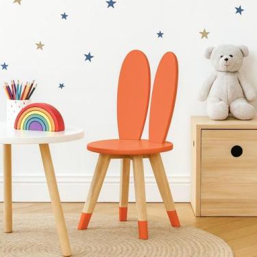 Imagem de Cadeira Infantil Orelha Coelho Pés em Madeira e Assento MDF Cor:Laranj