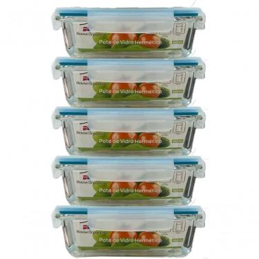 Imagem de Potes de Armazenamento House Organizer Kit 5 de Vidro Herméticos 640ml com Vedação Total e 4 Travas para Arroz Grãos