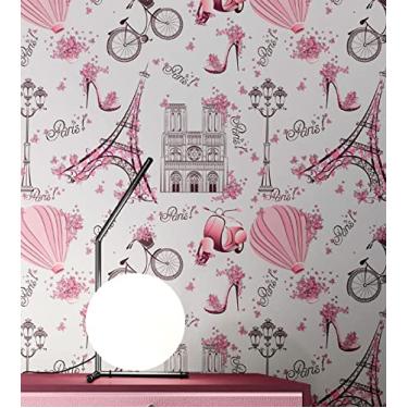 Imagem de Papel De Parede Adesivo Autocolante Lavável Decoração Infantil Paris Rosa Lambretas Flores Com Laminação