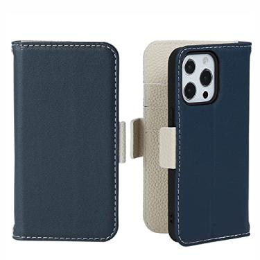 Imagem de Capa carteira para iPhone 13 Mini, capa de couro magnético legítimo com suporte para cartão e proteção para câmera com alça de pulso à prova de choque capa para celular, azul