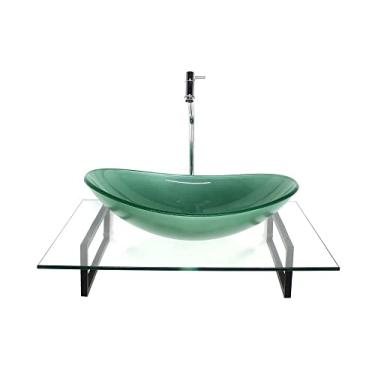 Imagem de KIT CUBA DE VIDRO OVAL VERDE COM TAMPO 60CM INCOLOR E SUPORTE PRETO