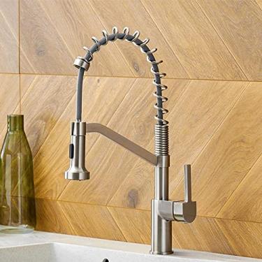 Imagem de Torneiras de cozinha escova torneiras de latão para pia de cozinha de alavanca única bica de mola misturadores torneira de água quente e fria guindaste, 9013, níquel escovado, china