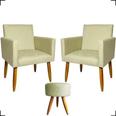 Imagem de Kit 2 Poltronas Decorativas Para Sala + Puff Redondo Para Recepção Manicure Sala De Espera Consultório Escritório Sala De Estar Suede Cores Pé Castanho - Clique & Decore (Bege)