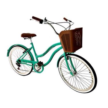 Imagem de Bicicleta Feminina Aro 26 Retrô 6V Com Cestinha Verde Água - Maria Cla