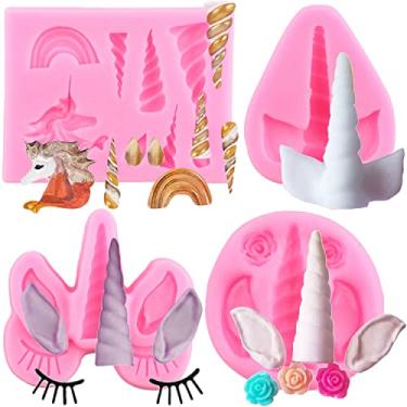 Imagem de Mujiang Molde de silicone de unicórnio, orelhas de unicórnio, chifre, flores, arco-íris, fondant, moldes para cupcake, decoração de bolo de chocolate, conjunto de 4