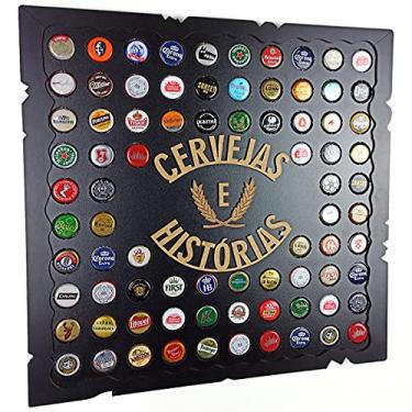 Imagem de Porta Tampinhas Quadro Decorativo Para Sala Área de Festas Churrasqueira - Cervejas e Histórias Cor Preto