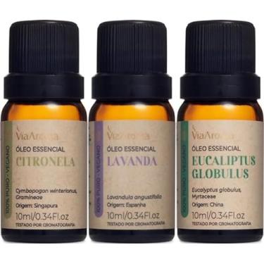 Imagem de Kit 3 Óleos Essenciais Via Aroma 100% Puros Clássicos Naturais Para Difusor, Massagem e Aromaterapia Escolha o seu (Lavanda+Eucalipto Globulus+Citronela)