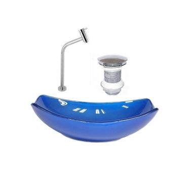 Imagem de Kit Cuba de Vidro + Torneira para Lavatório Oval Chanfrada 46cm Azul Escuro